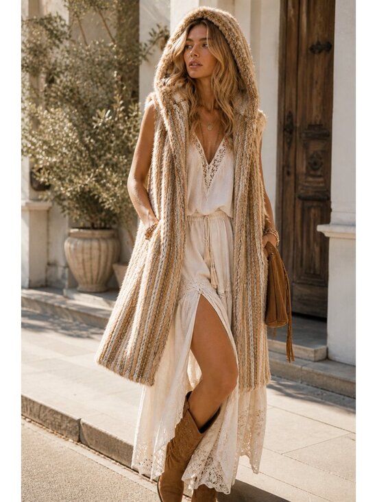 525 america Jackets & Blazers - 525 America Genuine Rabbit Fur Hooded Vest Women’s Long Sleeveless Coat Boho M